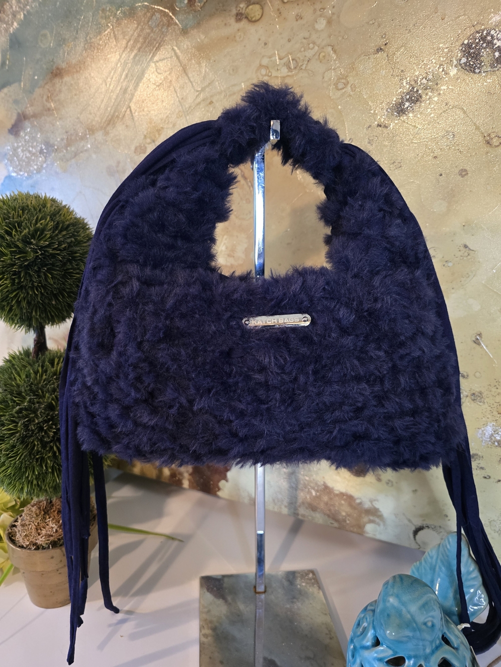 Faux Fur Navy "VERSATILE" Shoulder/Hand Bag with Fringe